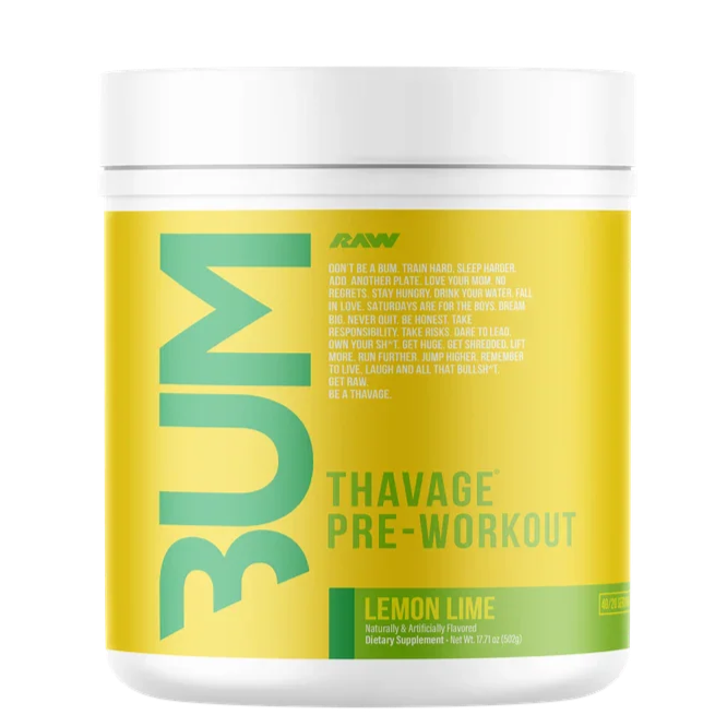 Pre-workout supplement container with 'BUM' branding on a white background