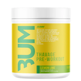 Pre-workout supplement container with 'BUM' branding on a white background