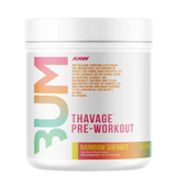 Pre-workout supplement container labeled 'BUM Thavage Pre-Workout Rainbow Sherbet' on a white background