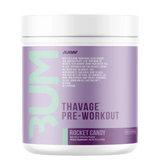 Pre-workout supplement container with purple label on a white background