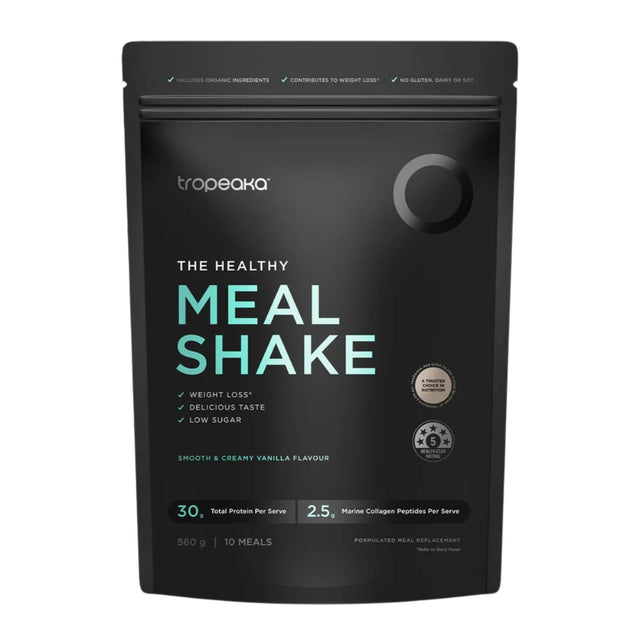 Black package of Troopeaka meal shake on a white background