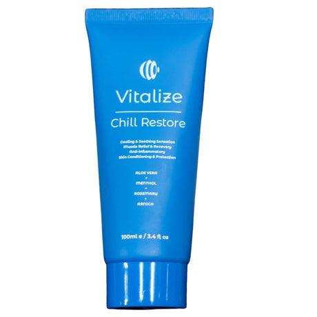 Blue tube of 'Vitalize Chill Restore' on a white background