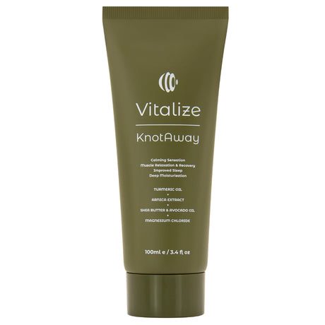 Green tube of Vitalize KnotAway on a white background