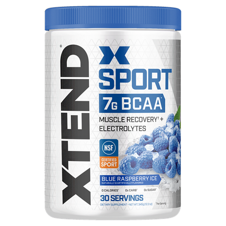 Container of XTEND Sport 7G BCAA supplement with blue raspberry ice flavor on a white background