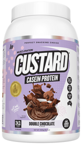 Muscle Nation Custard Casein Protein 1kg Double Chocolate w/ choc crunch pieces