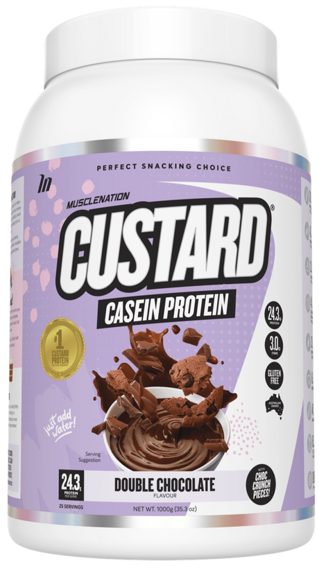 Muscle Nation Custard Casein Protein 1kg Double Chocolate w/ choc crunch pieces