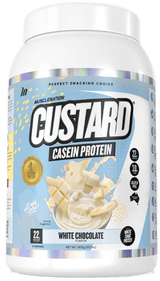 Muscle Nation Custard Casein Protein 1kg White Chocolate w/ real white choc pieces